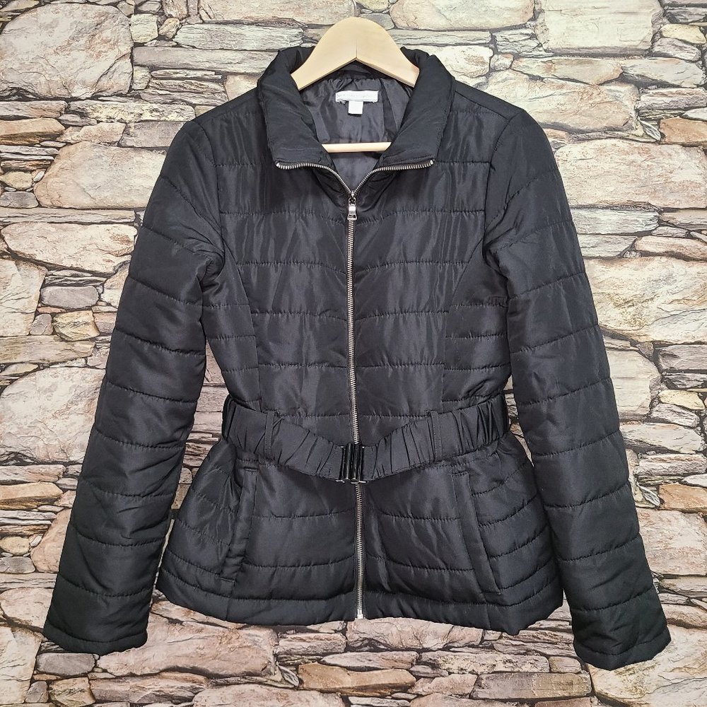 NYC New York and Company Womens Puffer Jacket Size Small Solid Black Clasp Belt